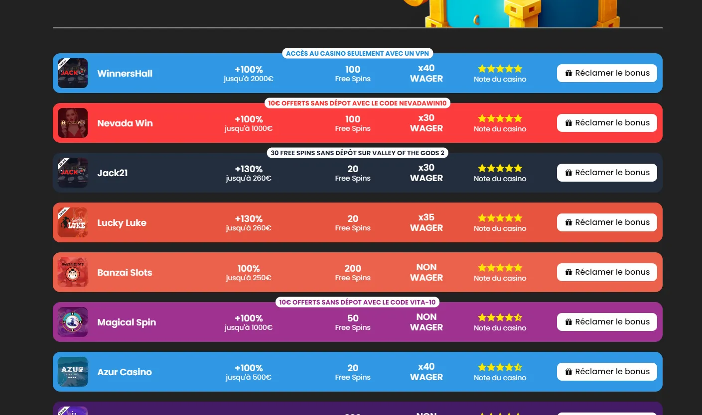 Section des casinos et plateformes partenaires